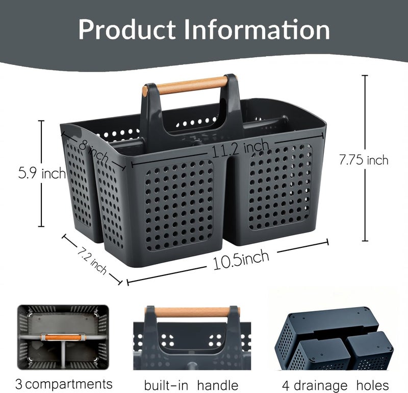 PAKCHOICE Portable Shower Caddy Basket with Compartments, Plastic Divided Cleaning Caddy Organizer Storage Tote with Handle for Bathroom, College, Dorm Room Essentials, Dark Gray - Image 2